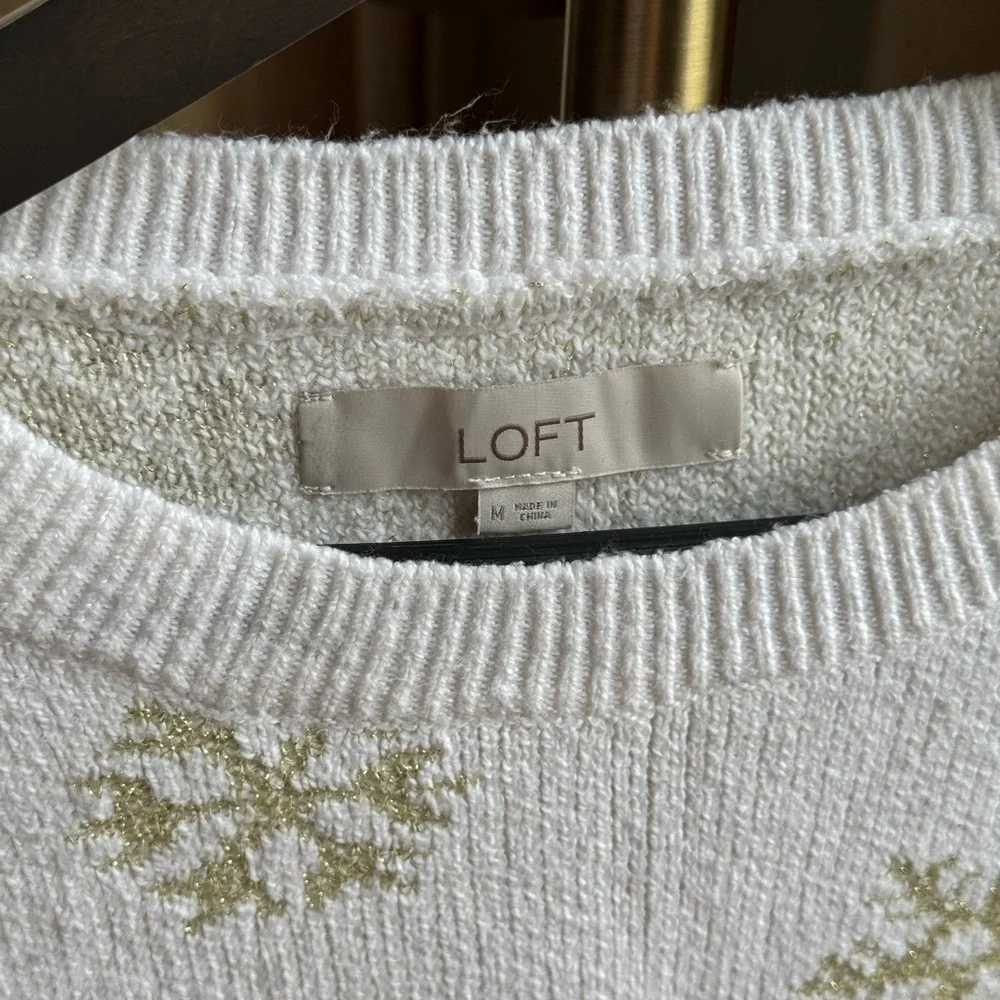 LOFT Cream Sweater with Gold Snowflake Design | M - Picture 2 of 6